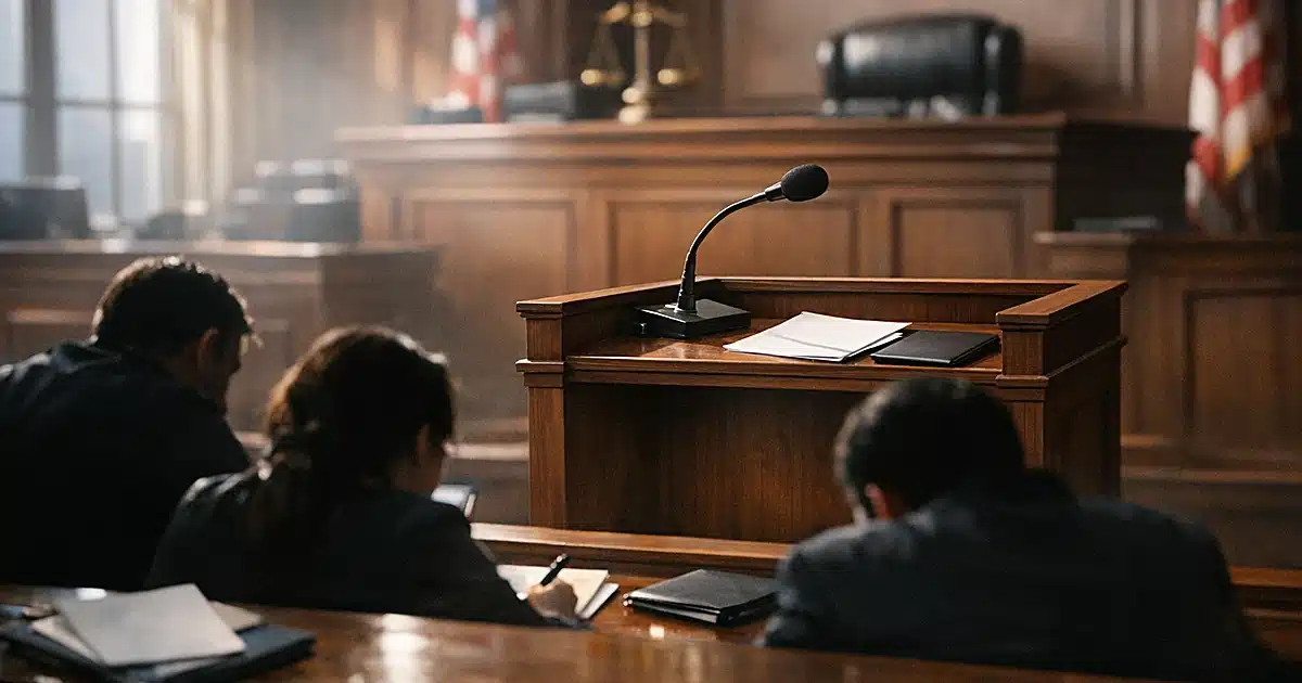 Empty courtroom witness stand with silhouetted reporters in gallery seating, afternoon window light