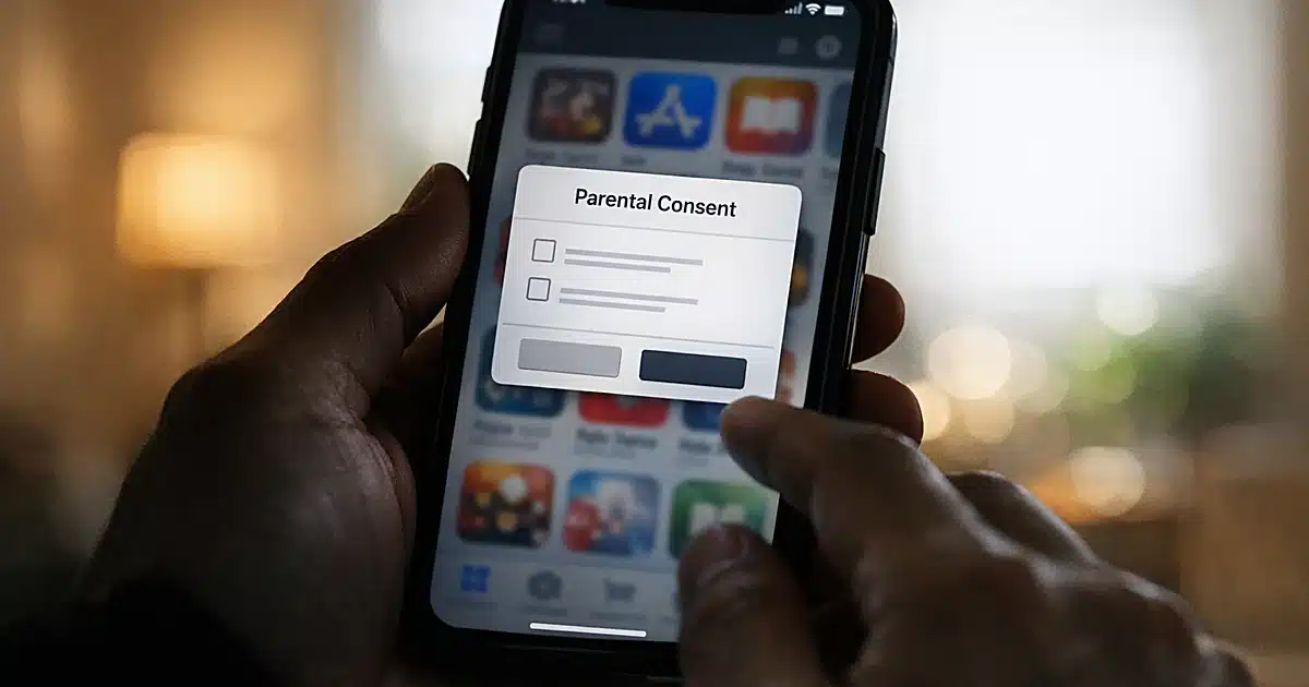 Smartphone displaying app store parental consent screen held in silhouetted hands with soft background blur