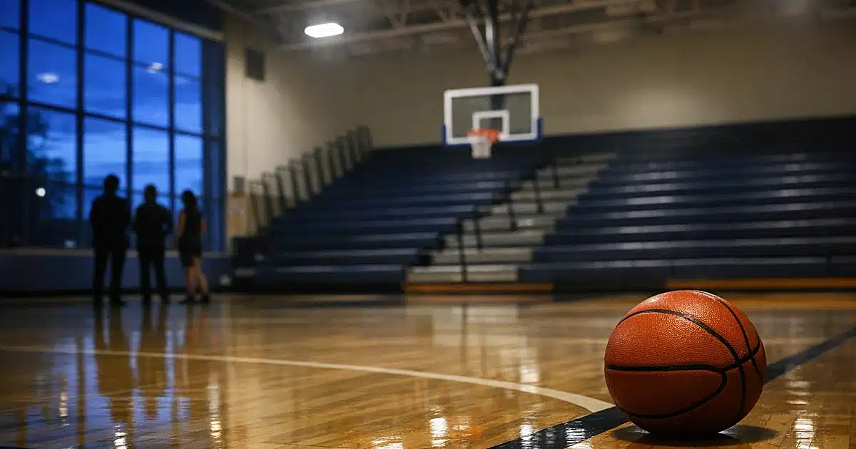 Empty high school gymnasium basketball court at dusk with abandoned basketball on polished hardwood floor