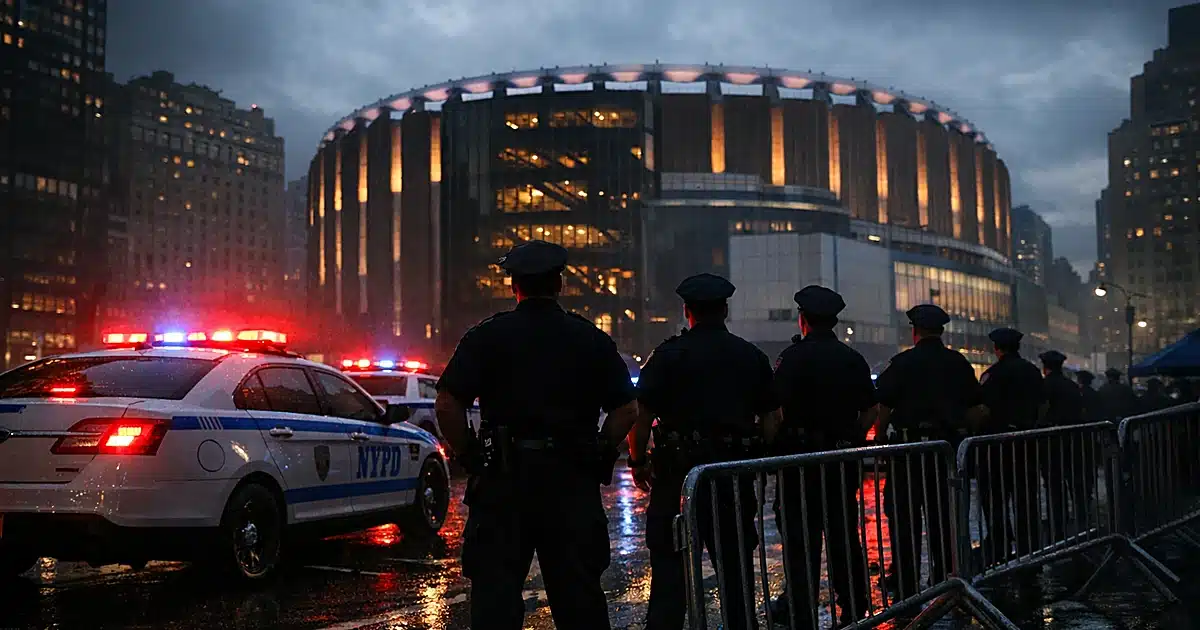 Police vehicles and officers deployed outside Madison Square Garden at dusk with emergency lights reflecting on pavement