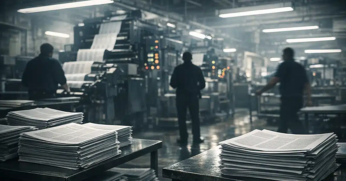 Newspaper pressroom at night with stacks of blank papers and silhouetted workers among printing machinery
