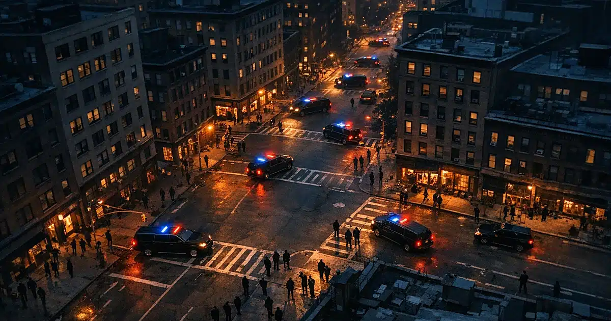 Aerial view of New York City streets with multiple dark vehicles positioned at intersections during dusk