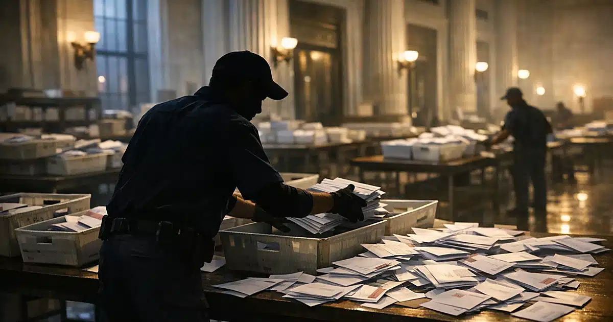 Silhouetted postal worker sorting mail-in ballot envelopes on table in federal courthouse mailroom at dusk