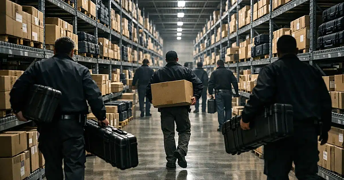 Federal evidence vault with rows of shelving as silhouetted agents remove boxes of firearms cases and documents