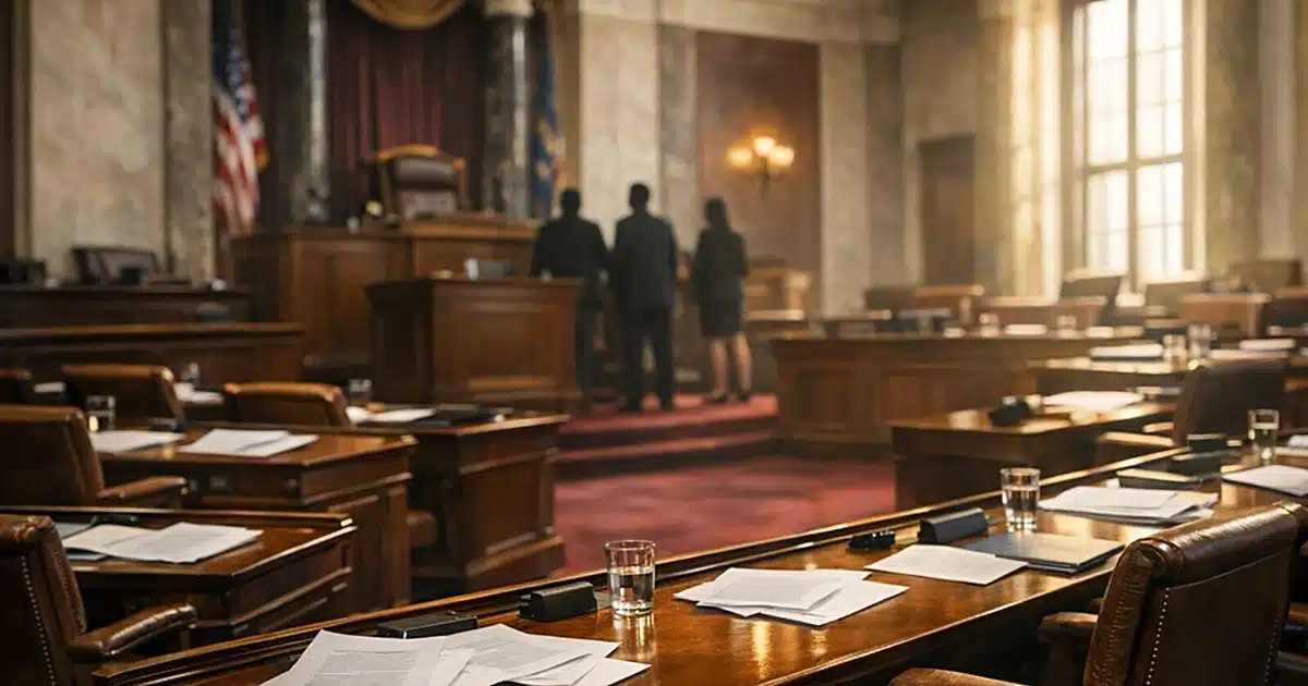 Interior of a Senate chamber with empty desks and chairs, afternoon light streaming through tall windows