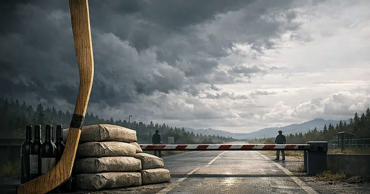Hockey stick, wine bottles, and cement bags at a closed border checkpoint with storm clouds gathering overhead