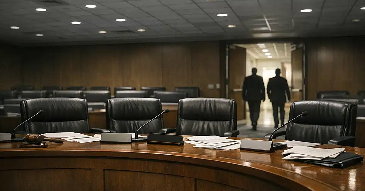 Empty federal commission hearing room with vacant chairs and scattered papers on desk