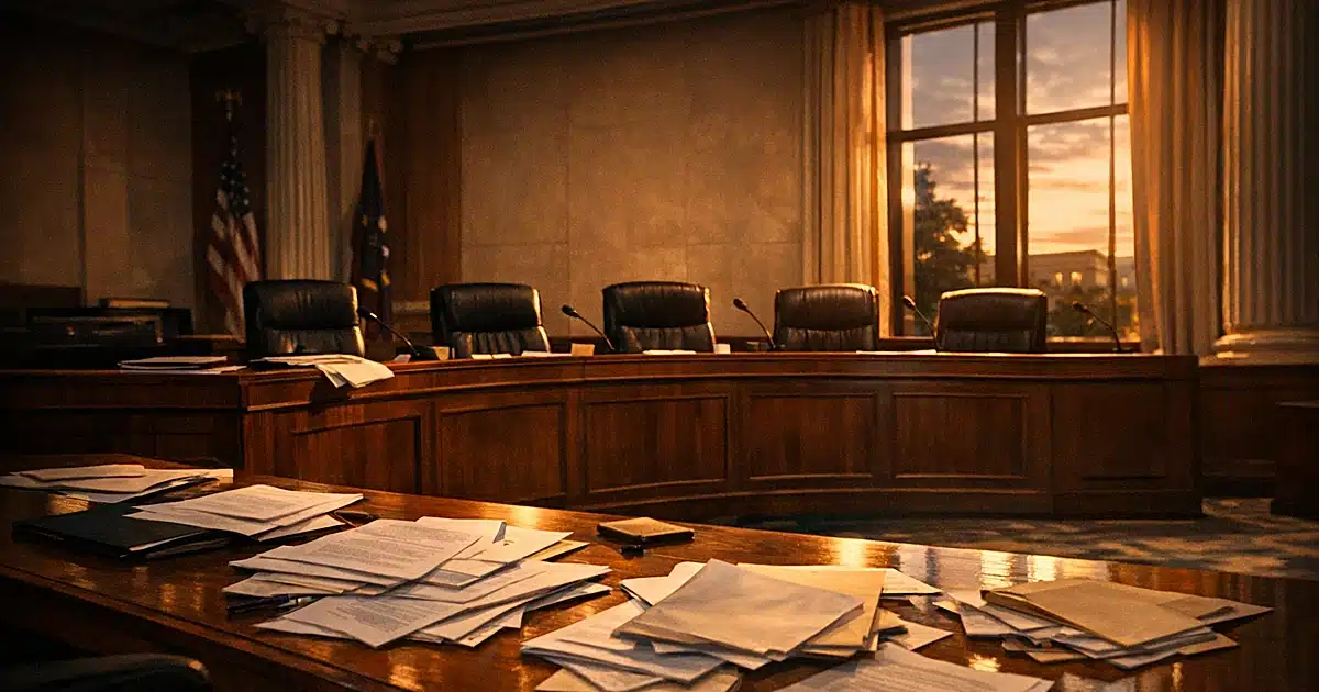 Empty federal commission hearing room with vacant chairs behind wooden bench at dusk