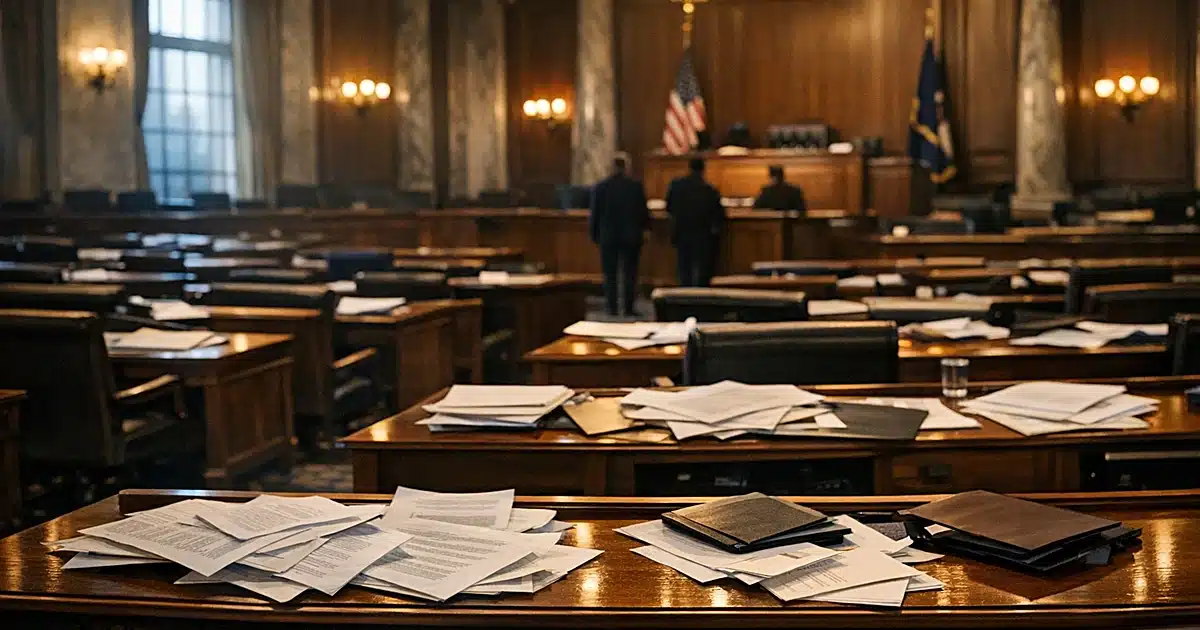 Wide view of empty legislative chamber with scattered papers on desks and classical architectural details