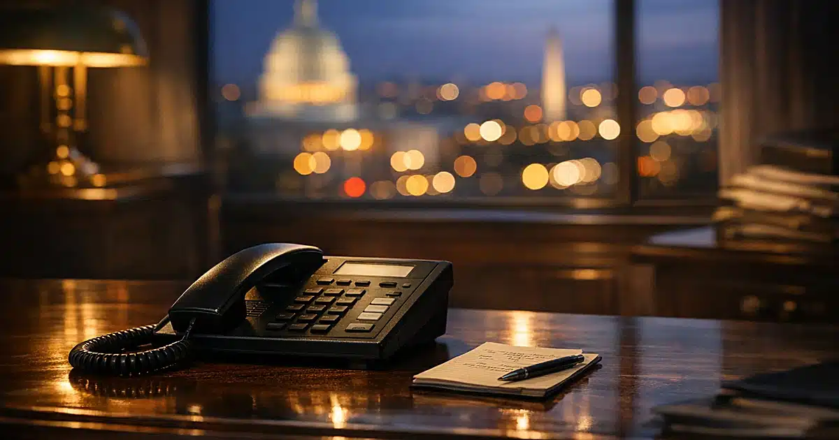 Landline telephone on Senate office desk at dusk with Washington DC lights visible through window behind