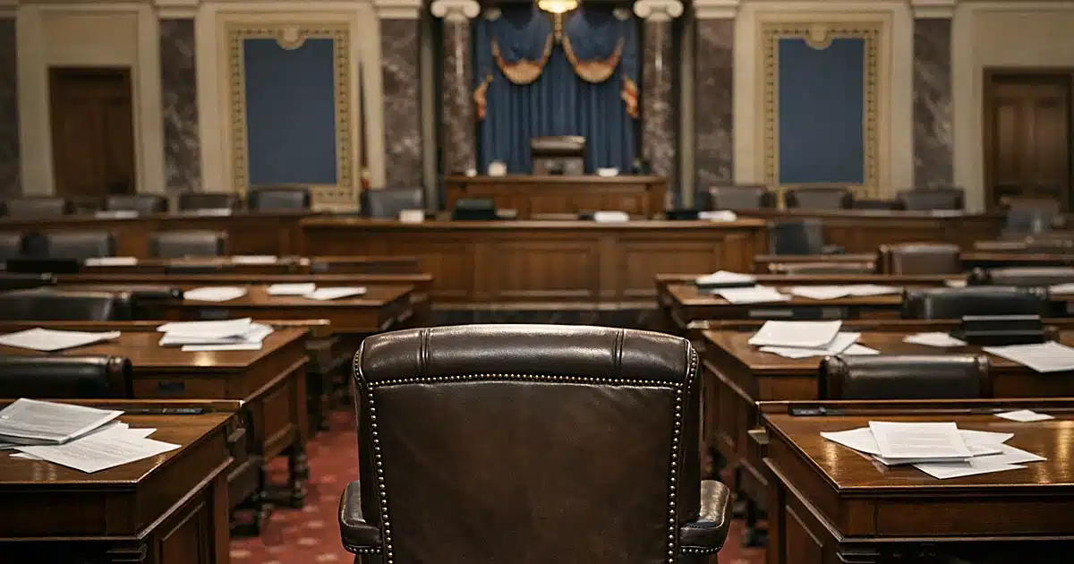 Empty Senate chamber with leather chair facing presiding bench, scattered papers on wooden desks