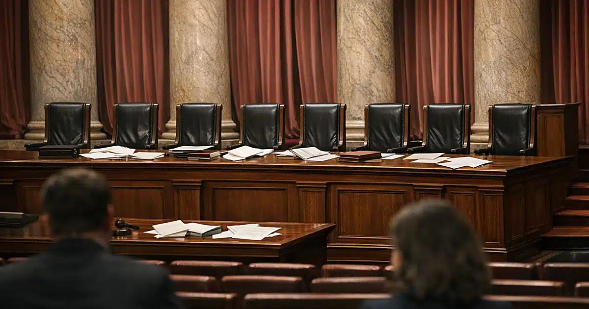 Empty Supreme Court bench with nine leather chairs and mahogany paneling in judicial chamber
