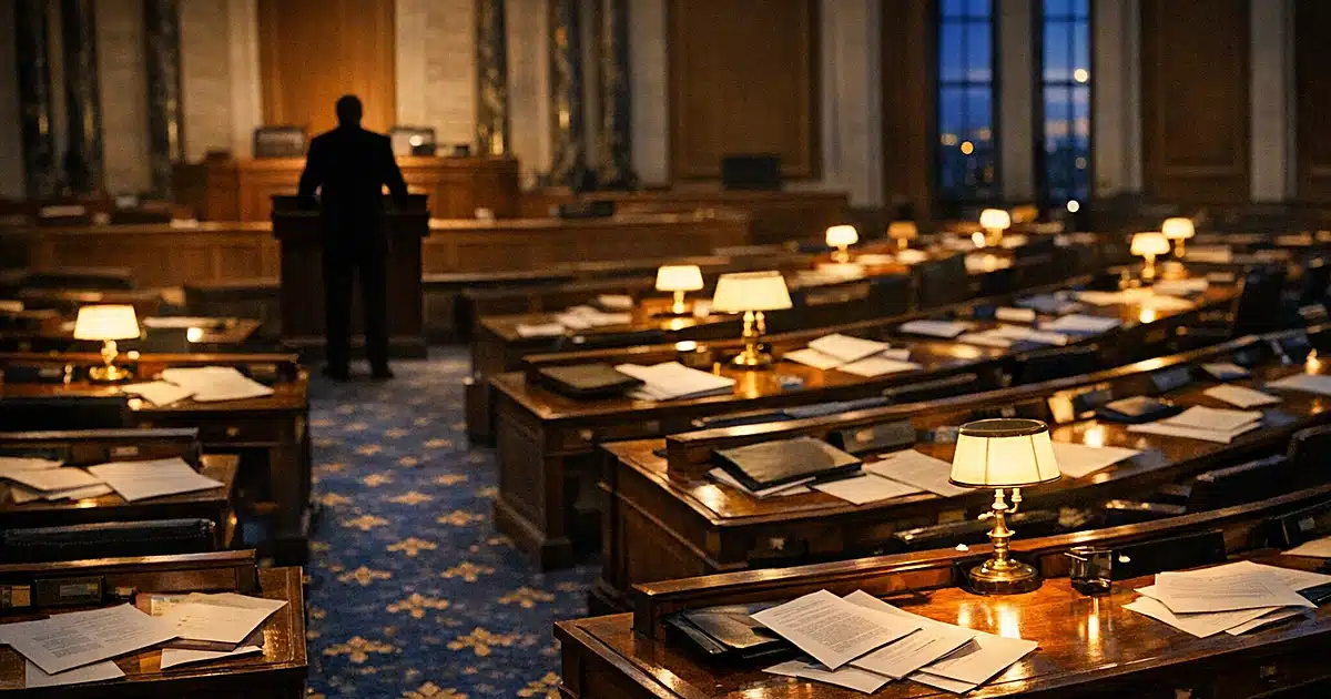Empty legislative chamber at dusk with scattered papers on desks and silhouetted figure near podium