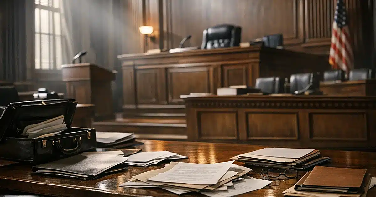 Empty federal courtroom interior with judicial bench, witness stand, and scattered legal documents on defense table