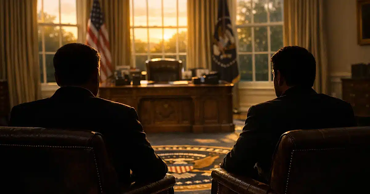 Two silhouetted figures in chairs facing each other in the sunlit Oval Office, viewed from behind