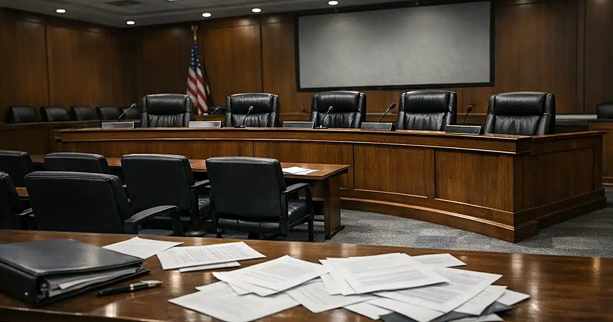Empty federal commission hearing room with four vacant chairs behind a curved wooden dais and scattered documents