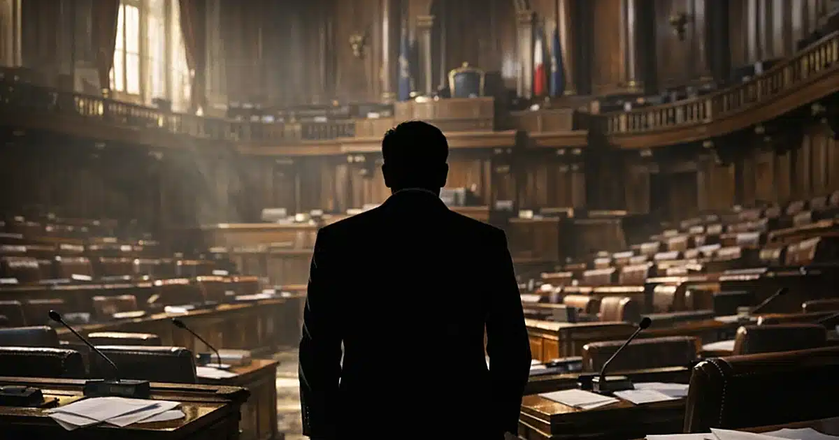 Empty European government chamber with silhouetted figure facing rows of seats and scattered documents