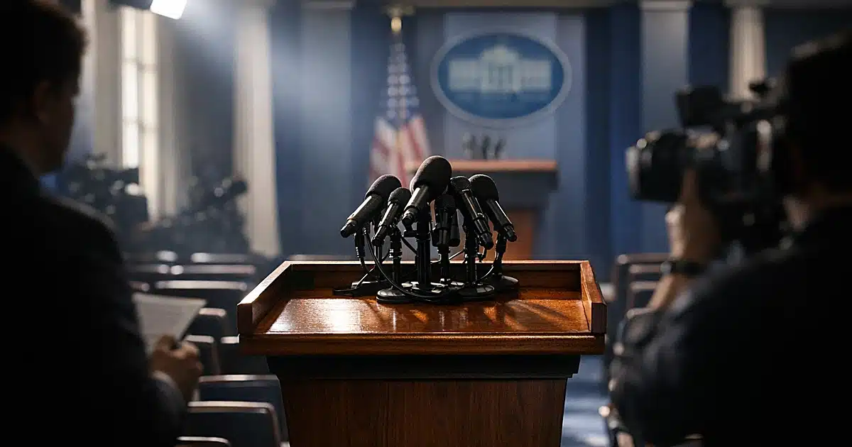 Empty White House press briefing room with microphones on podium and rows of chairs in dramatic window lighting