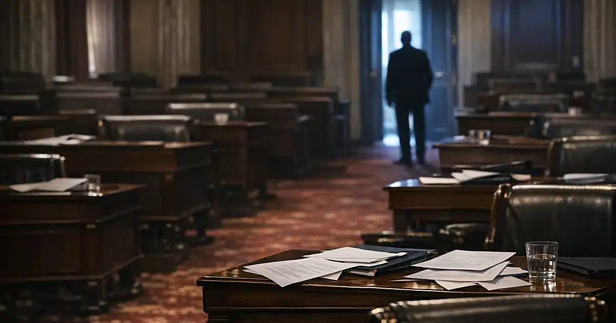 Empty Senate chamber with scattered papers on desks and single silhouetted figure in distant doorway