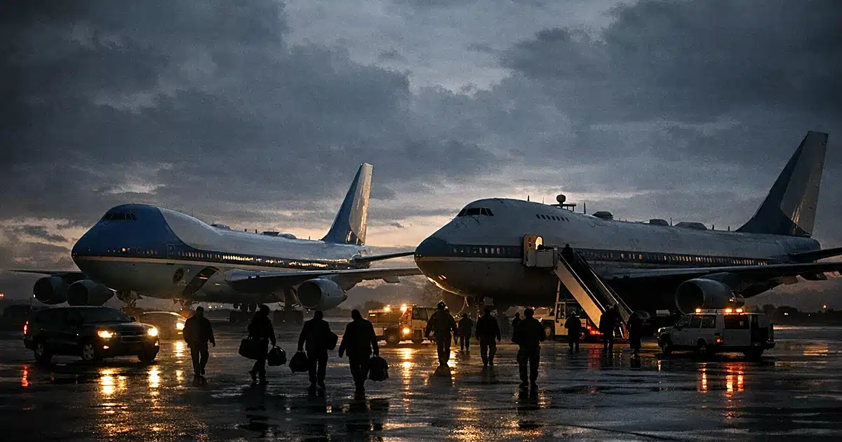 Two presidential aircraft on tarmac at dusk with silhouetted figures moving between them during urgent transfer
