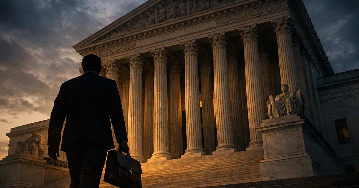 Silhouetted figure approaching Supreme Court columns with briefcase at dusk