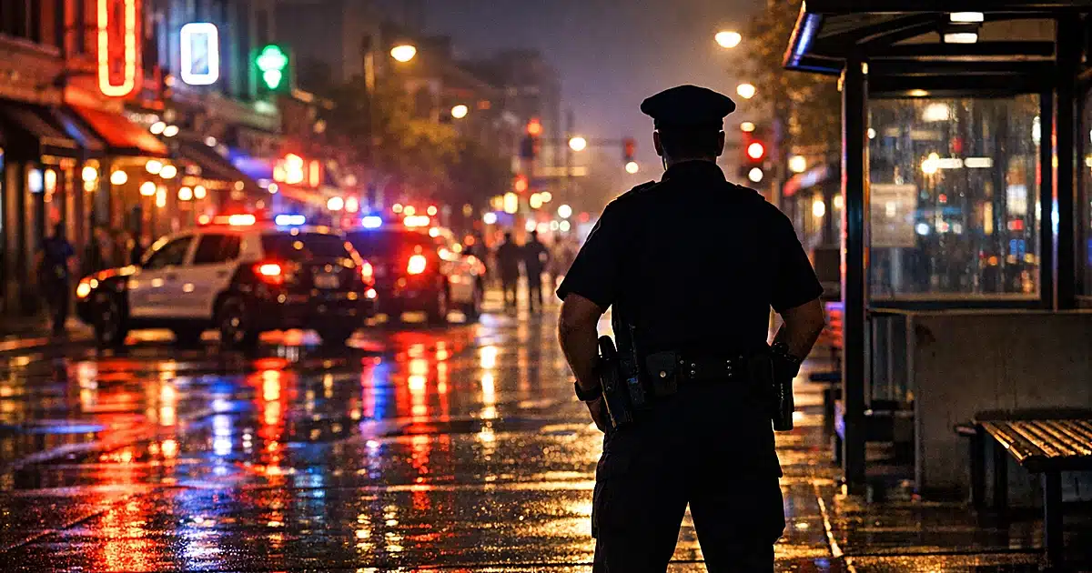Police officer silhouette at downtown bus station corner with emergency lights reflecting on wet pavement at night
