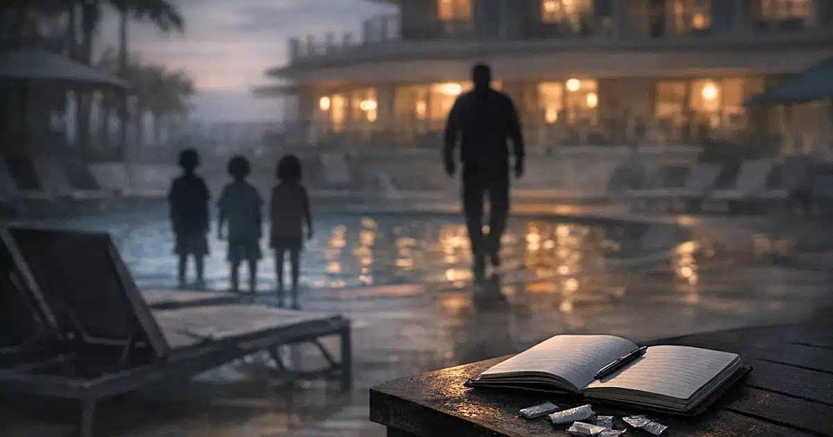 Silhouettes of children by hotel pool with adult figure walking away, abandoned notebook on table in foreground