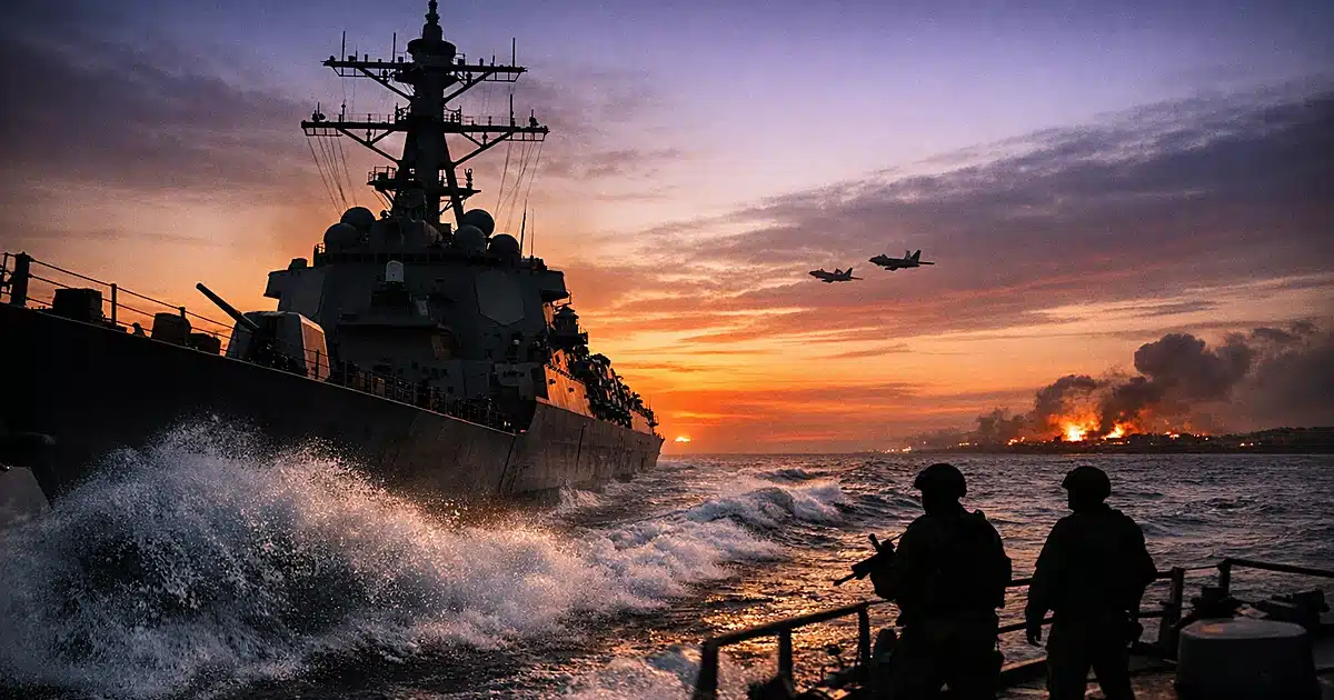 U.S. Navy warship moving through ocean waters at dusk with dramatic sky