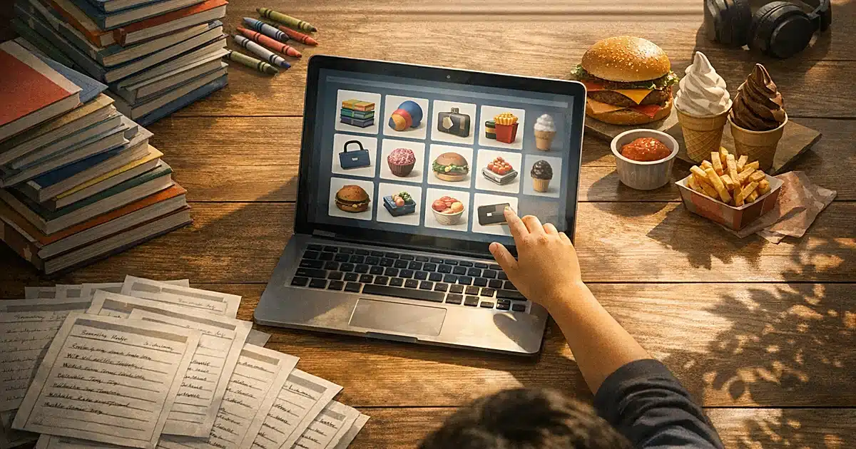Overhead view of desk with stacked books, school supplies, fast food items, and child's hand reaching toward laptop