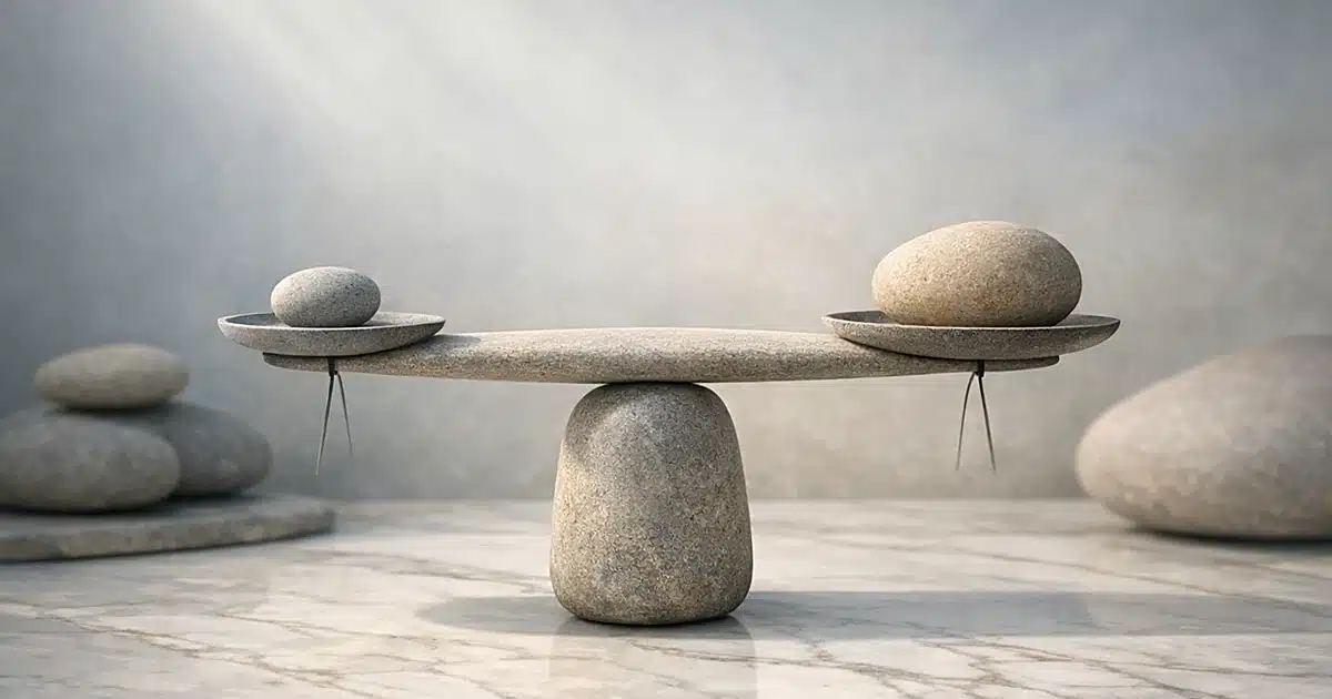Abstract stone scales balanced on marble surface with soft natural lighting in neutral tones