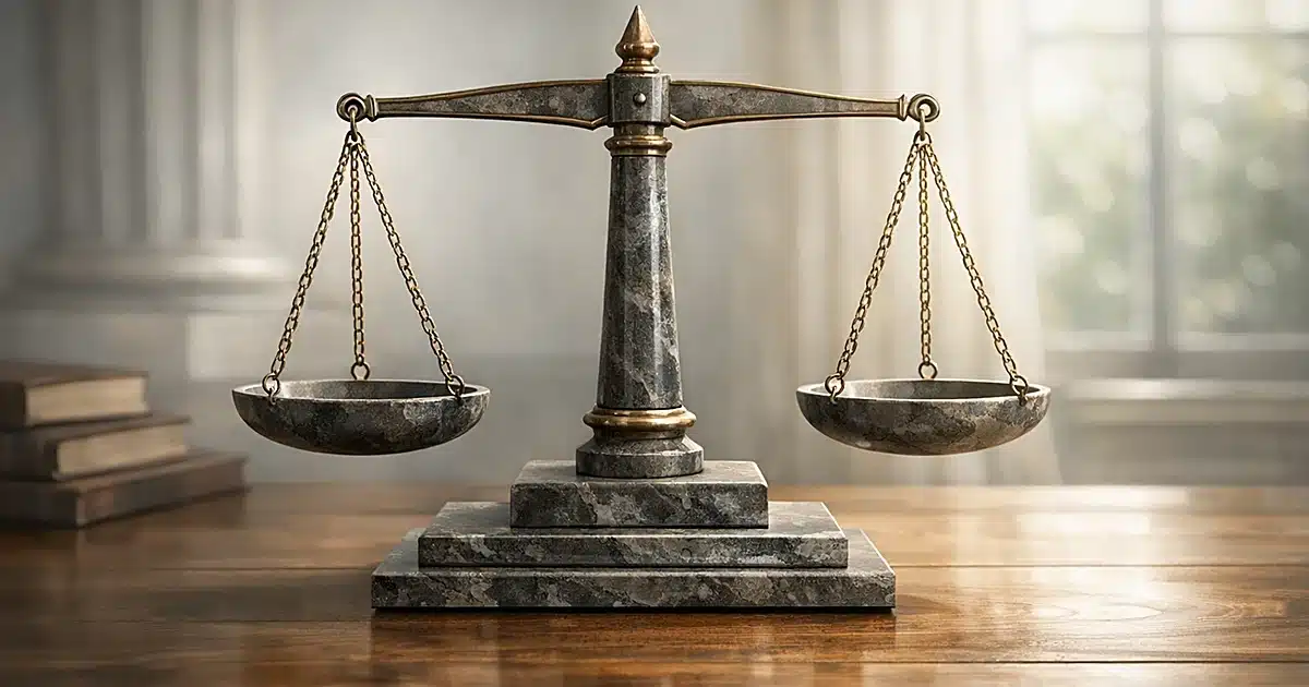 Abstract stone scales of justice on wooden surface with soft natural lighting