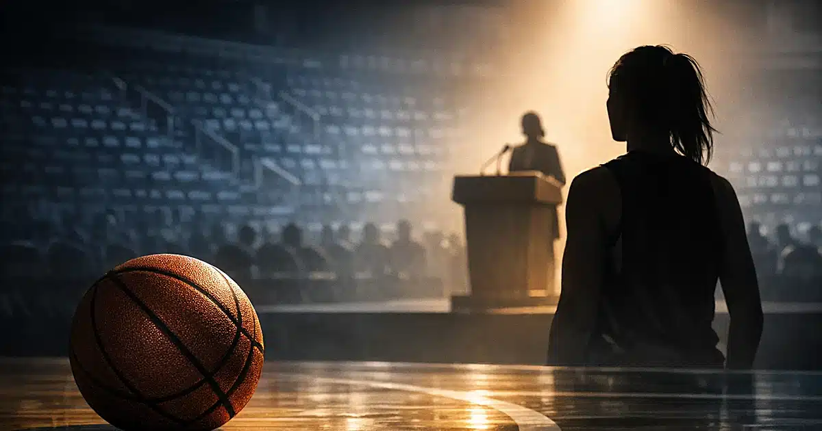 Basketball on court with player silhouette facing illuminated podium in empty arena