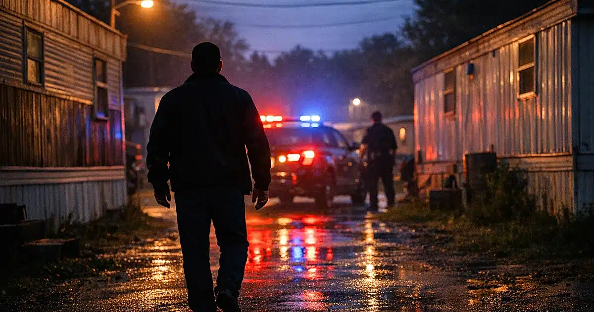 Police vehicle with emergency lights active in a trailer park at dusk with silhouetted figure walking away