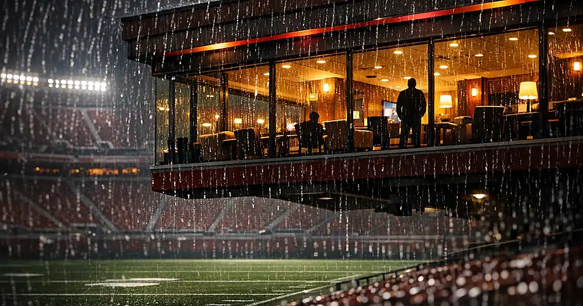 Empty NFL stadium at night with rain-streaked luxury suite windows reflecting interior lighting above dark field