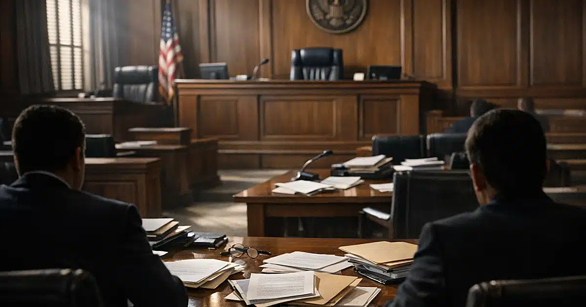 Empty federal courtroom with scattered legal documents on tables and dramatic window lighting
