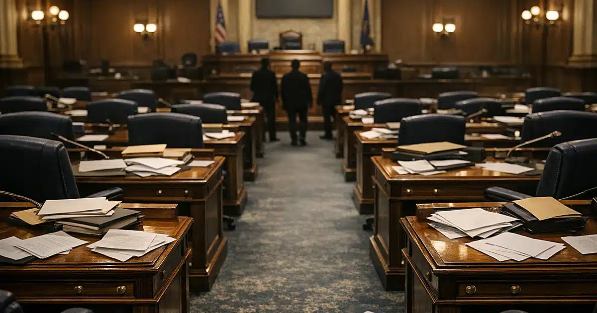 Empty legislative chamber with scattered papers on desks, warm overhead lighting creating dramatic shadows
