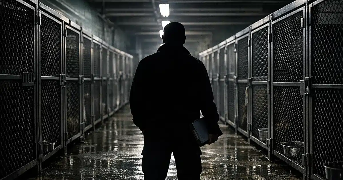 Silhouetted worker in animal control facility corridor with empty kennels extending into shadow