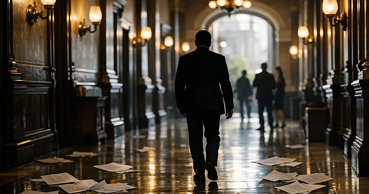 Silhouetted figure walks through Michigan capitol building hallway with papers scattered on marble floor