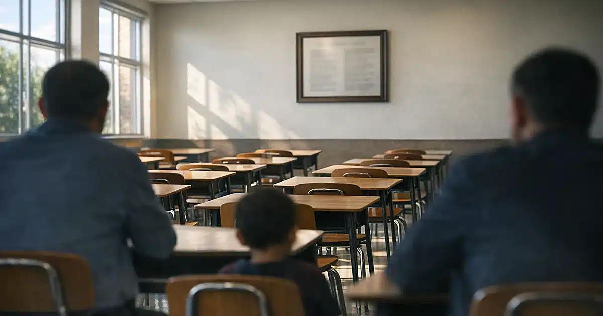 Empty public school classroom with desks facing a framed document on the wall in natural daylight