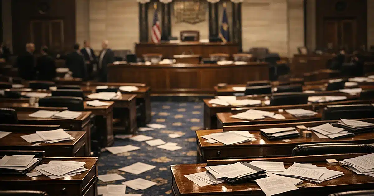 Interior of legislative chamber with scattered papers on empty desks under dramatic overhead lighting