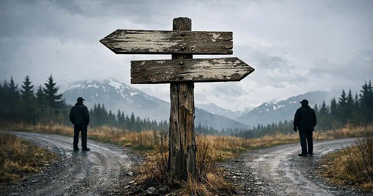 Two identical campaign signs pointing opposite directions at a forked dirt road in rural Alaska