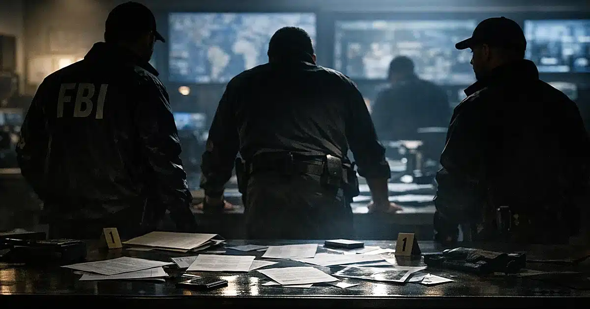 Silhouetted FBI agents around evidence table in operations center during counterterrorism investigation