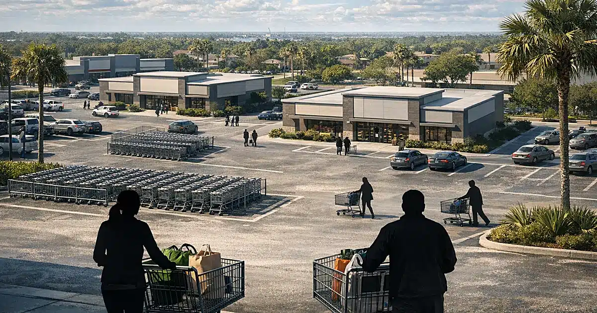 Aerial view of discount grocery stores in Florida suburbs with palm trees and shoppers pushing carts with reusable bags