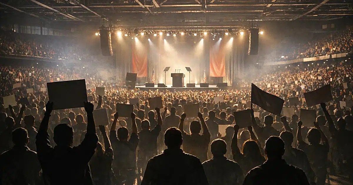 Wide view of crowded political rally with silhouetted attendees facing illuminated stage with empty podiums