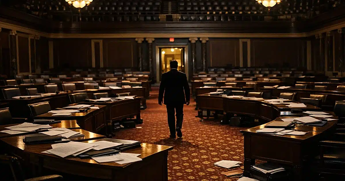 Empty Senate chamber at night with scattered papers on desks and single silhouetted figure walking toward exit