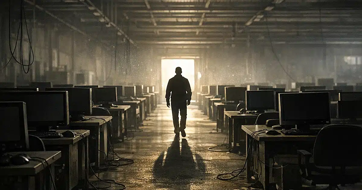 Silhouetted person walking through abandoned warehouse of empty computer workstations toward distant exit