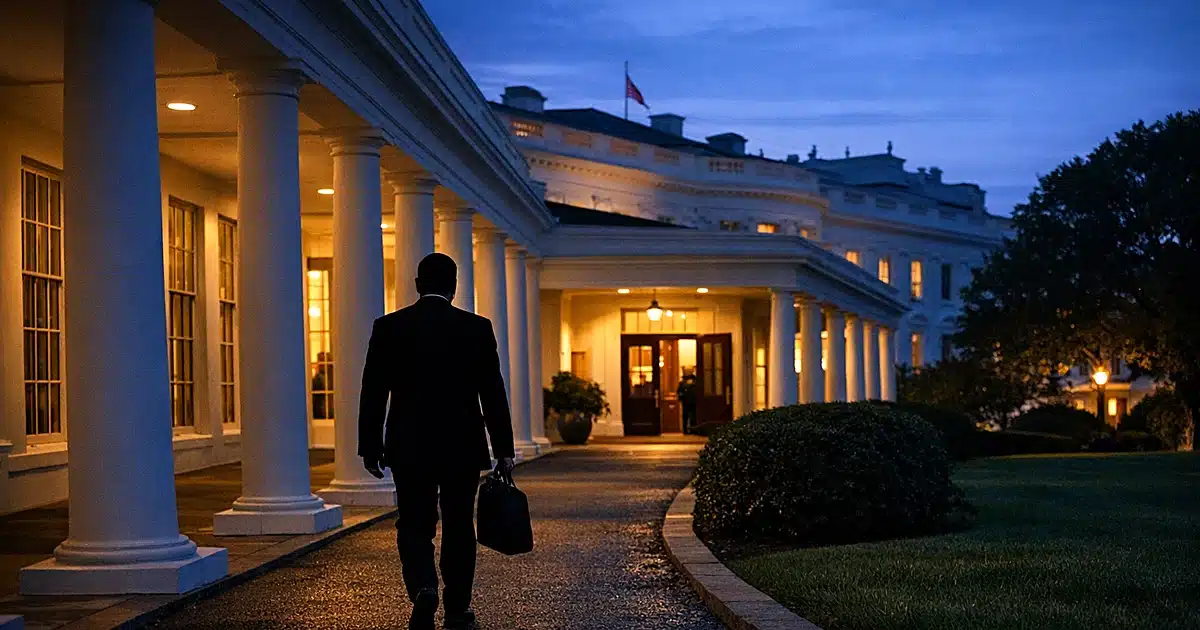 Silhouetted figure walking away from illuminated White House West Wing colonnade at dusk