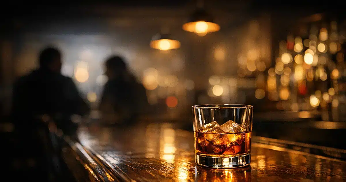 Glass of alcohol on dark bar surface with blurred background in moody lighting