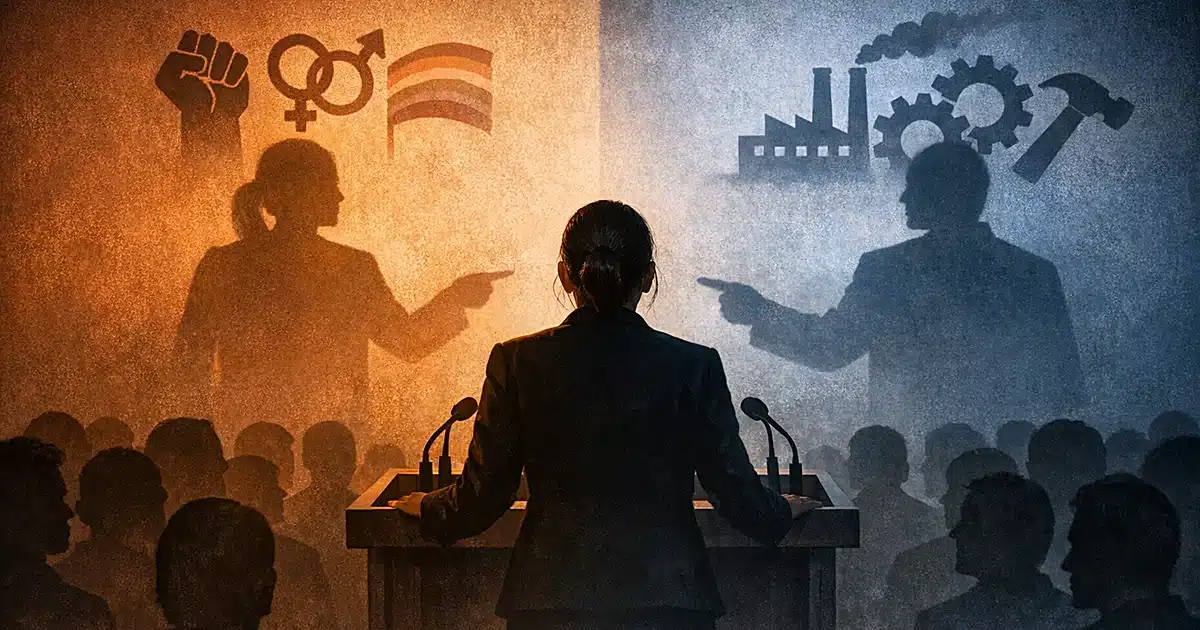 Silhouetted speaker at podium casting two diverging shadows toward different symbolic imagery on opposite walls