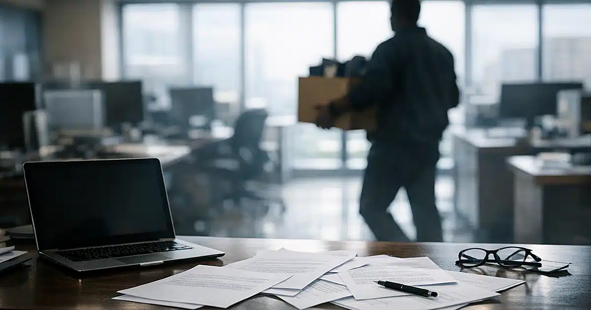 Newsroom desk with papers and laptop, silhouetted figure carrying box in background near windows